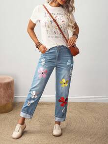 EMERY ROSE Quần jeans nữ dáng casual thêu hoa, có túi, rách. - Màu xanh lam - Xem 3
