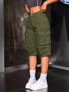 SHEIN ICON Quần short denim nữ dáng rộng, nhiều túi, kiểu dáng thường ngày. - xanh quân đội - Xem 4