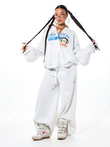 SUMWON X PAUL FRANK SUMWON WOMEN 女士宽松慢跑运动裤，猴子图案印花，宽松阔腿，休闲居家裤，秋冬舒适裤装 - 灰色 - 查看 3