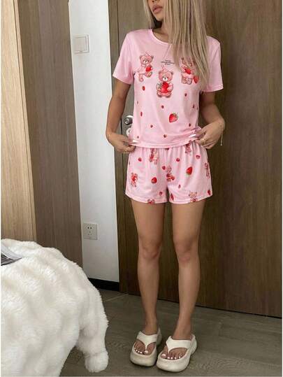 2pcs/Set Girls Bear Print Shorts And Short Sleeve Top, Casual Loungewear