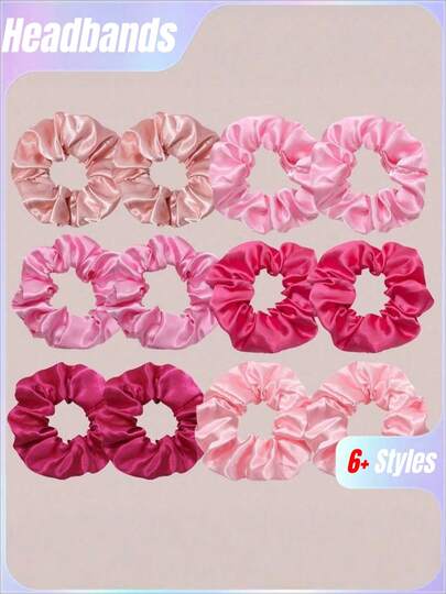 12/6-Pack Bohemian Elegant Minimalist Shiny Satin Scrunchies/Headbands For Women, Bun Hairbands, Hair Protection , Fashionable Silk-Like Colorful Satin Hair Accessories Set, Ladies Pink Tone Hair Scrunchies Casual Hair Accessories, Suitable For Daily Outfits, Stretchable Hairbands For Ponytails And Hairstyles