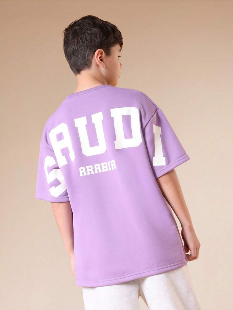 Boys Casual Crew Neck Short Sleeve Purple Graphic Tee With Saudi Arabia Print Regular Fit T-Shirt