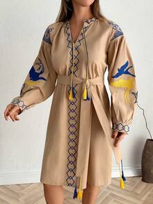 Women's Bohemian Style Embroidered Long Sleeve Belted Midi A-Line Dress, Black - Beige - View 1