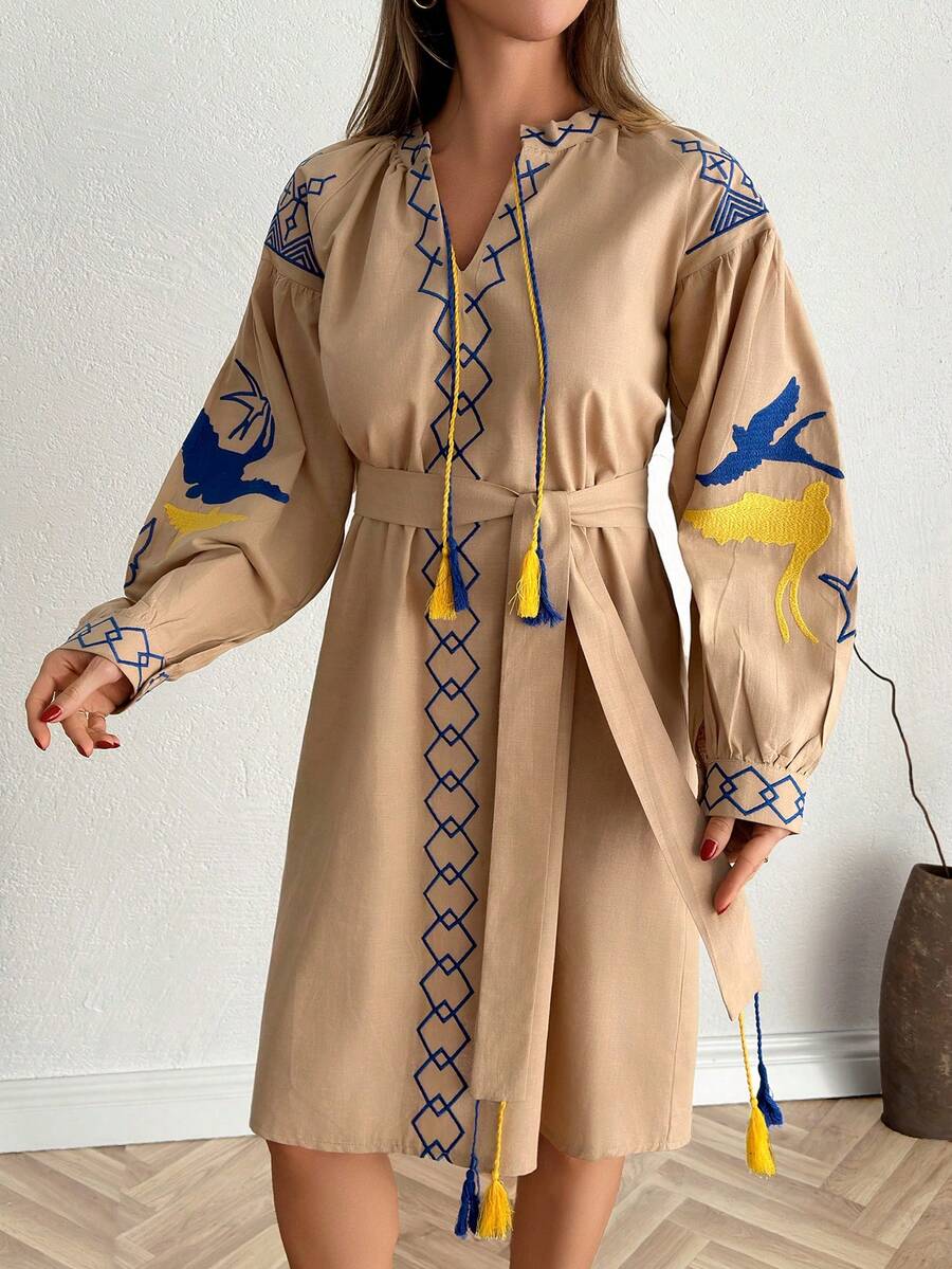 Women's Bohemian Style Embroidered Long Sleeve Belted Midi A-Line Dress, Black - Beige - View 1