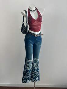 Elamini 女士休闲水洗复古印花水钻装饰喇叭牛仔裤 - 藍色 - 查看 3