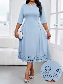 SHEIN Lady 大码蓝色长袖连衣裙，简约时尚，适合夏季、复活节、毕业典礼、婚礼宾客等场合，也适合商务休闲场合，是秋季、春季、夏季外出等各种场合的理想选择。这款连衣裙款式时尚，适合休闲场合。 - 藍色 - 查看 1