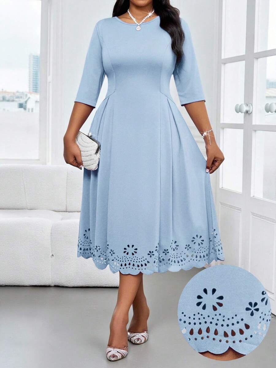 SHEIN Lady 大码蓝色长袖连衣裙，简约时尚，适合夏季、复活节、毕业典礼、婚礼宾客等场合，也适合商务休闲场合，是秋季、春季、夏季外出等各种场合的理想选择。这款连衣裙款式时尚，适合休闲场合。 - 藍色 - 查看 1