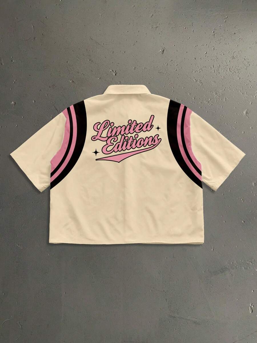 StoneGrade Retro American Slogan Print Color Block Shoulder Splice Fashion Cropped Loose Fit Short Sleeve Shirt, Suitable For Dates, Parties, Outfit, Great Gift For Boyfriend - Khaki - View 1