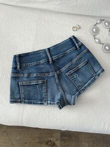 Elamini Shorts vaqueros cortos de mujer lavados de estilo casual, para verano - Azul - Ver 2