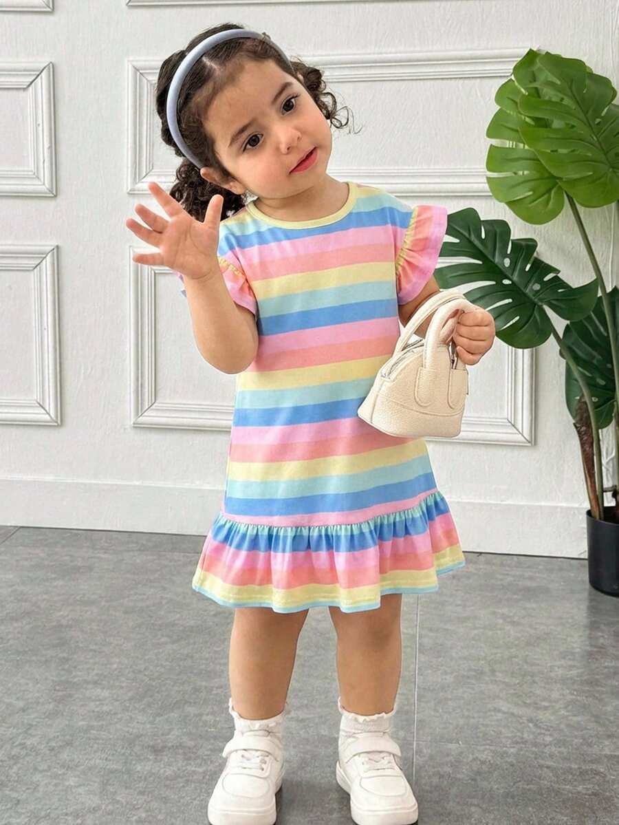 SHEIN Cute Baby Girl Blue Striped Summer Dress,Versatile Princess Multicolor Colorful Stripe Outfit For Toddlers,Pastel Birthday Party Wedding Performance - Multicolor - View 1