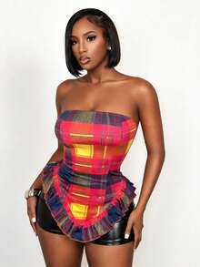 BamGleam Women's Y2K Plaid Ruffle Hem Fitted Tube Top - Multicolor - View 1