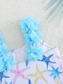 SHEIN Young Girl Starfish Pattern Ruffle Trim One-Piece Swimwear - Blue and White - View 6
