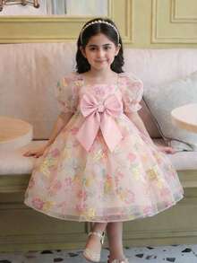 SHEIN Young Girls Summer Elegant Butterfly Pattern Organza Short Sleeve Party Dress - Pink - View 4