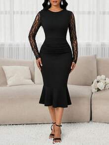 SHEIN Lady Đầm dài tay cổ tròn phối ren tương phản, dáng đuôi cá, thanh lịch dành cho nữ. - màu đen - Xem 4