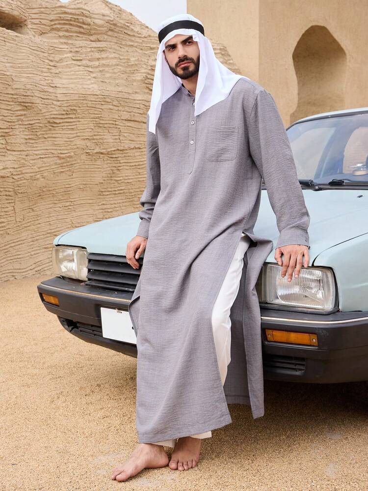 Long Gray Middle Eastern Style Shirt For Men, Spring Summer Long Sleeve Tops Women