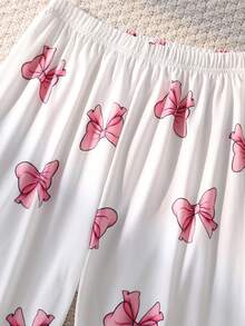 少女猫咪印花短袖上衣和蝴蝶印花长裤睡衣套装 - 白色 - 查看 7