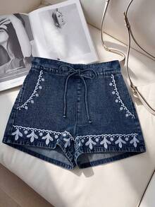GlowEve 女士植物刺绣系带腰带口袋牛仔短裤 - 藍色 - 查看 3
