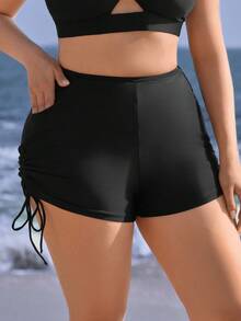 Swim SPRTY Plus Size Women's Solid Color Side Drawstring Pocket Boyshort Bikini Bottom - Black - View 5