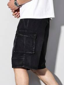Zalmeno Casual Washed Black Loose Pleated Oversized Pockets Cropped Cargo Shorts, Spring/Summer - Black - View 3
