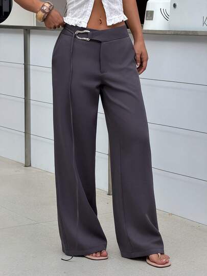 FavEase 女士复古金属环系腰设计不对称腰部宽松裤，休闲百搭，适合工作、上学等场合。