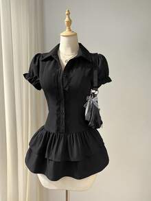 Elamini Women's Black Lace Collar Patchwork Ruffle Hem Fitted Bubble Sleeve Dress, Dark, Collegiate Style, Versatile - Black - View 4