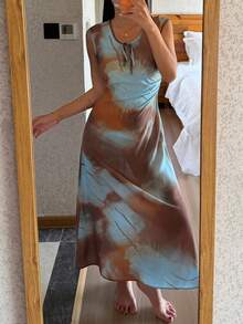 DAZY Women's Sleeveless Tie-Dye Tie Dye Print Ruched Waist Nightgown, Summer Pajamas - Brown - View 5