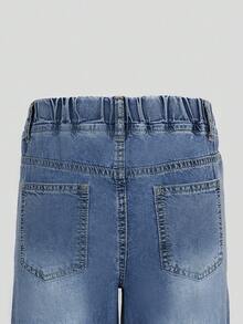 SHEIN 少女Y2K风格牛仔裤，心形刺绣，宽松阔腿，面料柔软舒适，适合日常穿着、上学、通勤。 - 深色水洗藍 - 查看 4