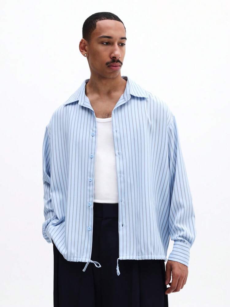 SUMWON Men Striped Long Sleeve Button Down Shirt With Drawstring Hem Regular Fit Collared Casual Business Shirt Spring Summer Office Workwear