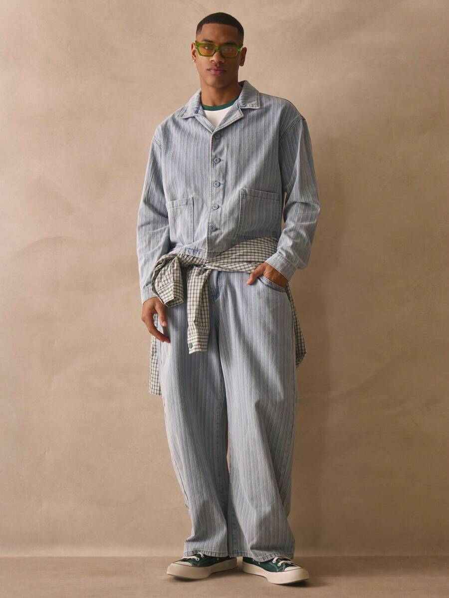 Musero Boxy Oversized Long Sleeve Stripe Style Button Through Denim Jacket Spring Summer Essentials - Apricot - View 1