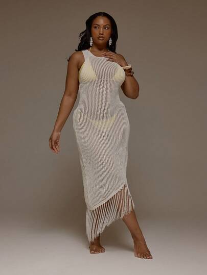 MUSERA 加大码钩针编织流苏下摆修身中长连衣裙罩衫，春夏度假海滩休闲罩衫，可爱优雅，伊比沙岛风格