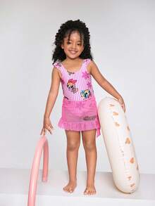 THE POWERPUFF GIRLS X SHEIN Bộ đồ bơi liền thân xếp nếp in hình hoạt hình dành cho bé gái, kèm áo khoác ngoài và váy. - Hồng - Xem 3