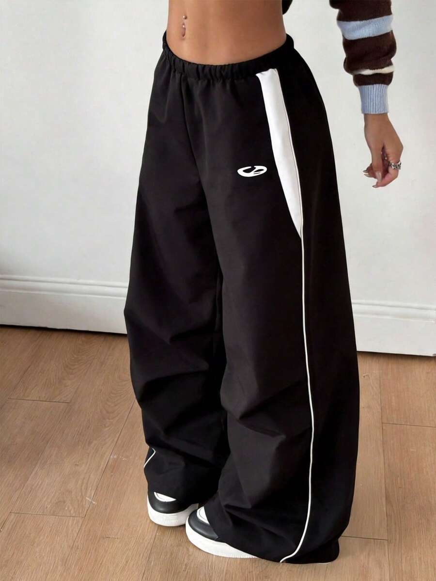 SHEIN Classic Casual Pants, Spring & Autumn, Double-Layer Waistband, Simple & Comfortable Sweatshirt Material, Suitable For Staying Home, Exercising, Can Be Paired With Various Tops To Showcase Youthful Vitality - Black and White - View 1