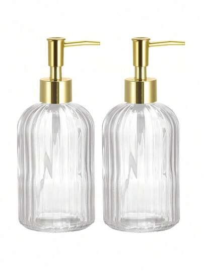 1pc 400ml/13.52oz Glass Soap Dispenser With Rust Proof Stainless Steel Pump, Vertical Stripe, Premium Bathroom Soap Dispenser For Kitchen & Bathroom