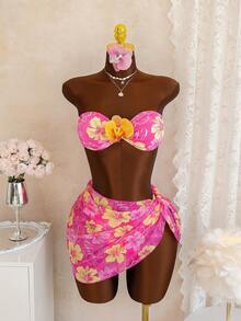 Bonvoyette Conjunto de 3 piezas de bikini de estilo de vacaciones para damas con falda de gasa fluida con estampado de flores, tipo halter para primavera/verano y festival de música en la playa - Multicolor - Ver 2