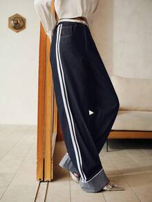 Anewsta 女士优雅浪漫派对及休闲度假蓝色直筒侧开衩牛仔裤，春夏款 - 藍色 - 查看 7