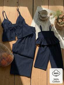 SHEIN 女宝宝休闲可爱度假藏蓝色蝴蝶结吊带背心和松紧腰裤套装 - 藏蓝色 - 查看 7