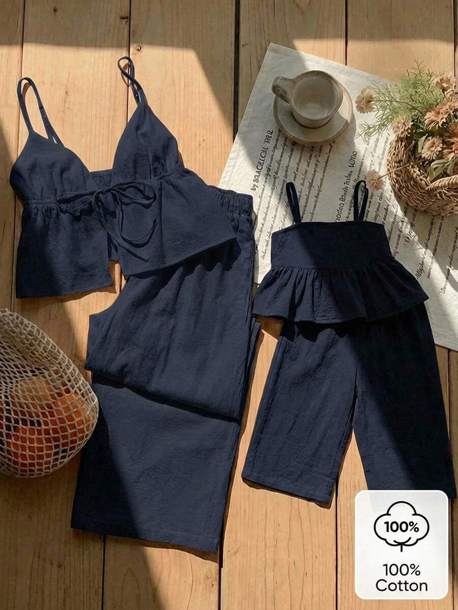 SHEIN Babygirl Casual Cute Vacation Navy Blue Bow Camisole & Elastic Waist Pants Set - Navy Blue - View 1