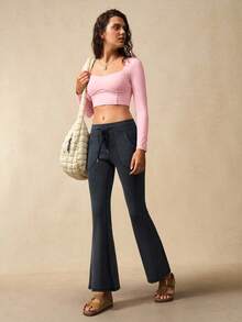 VARSIVA 女士简约纯色甜心领长袖抹胸露脐运动T恤 - 粉色 - 查看 6