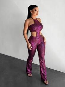 SHEIN SXY Sexy Burgundy Hollow-Out Jumpsuit Sexy Jumpsuits Snakeskin Jumpsuit Club Jumpsuit Cut Out Jumpsuit - Hot Pink - View 4