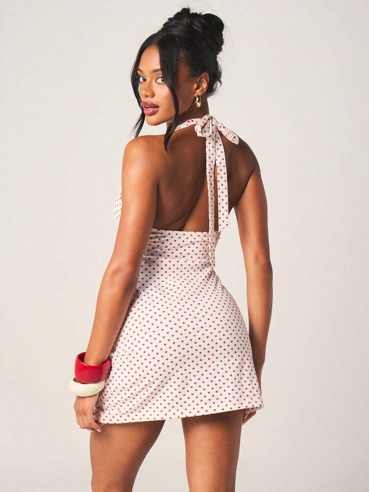 MISSGUIDED Vintage Polka Dot Halter Mini Dress With V-Neckline And Tie Back Detail For Summer Party Occasions