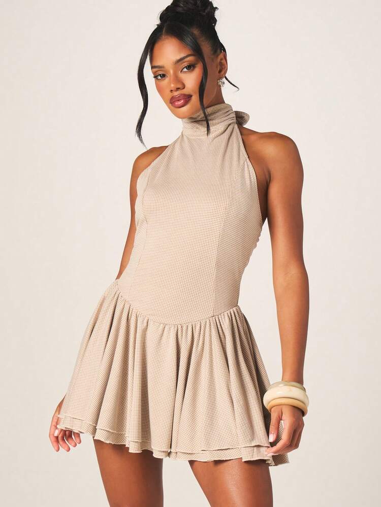 MISSGUIDED Women's Halter Neck Mini Dress With Tie Back Detail And Ruffle Hem For Party Cocktail Summer Occasions