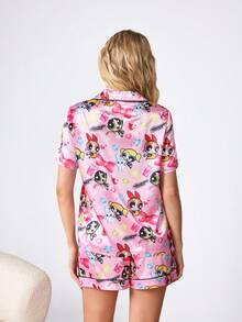 THE POWERPUFF GIRLS X SHEIN 女士翻领单排扣字母卡通印花短袖上衣和短裤休闲家居服套装 - 粉色 - 查看 2