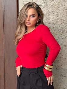 Jeta Ari 黑色上衣；女式性感撞色系带露背修身T恤；女式圆领长袖纯黑色修身蝴蝶结上衣，适合约会，年轻性感，日常外出，秋季服装，日常约会旅行装；日常外出办公装 - 紅色 - 查看 5