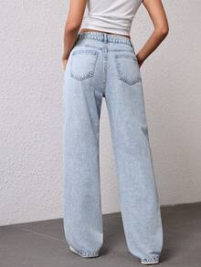 SHEIN EZwear Women's Pocketed Wide Leg Loose Casual Versatile Jeans - Light Wash - View 2