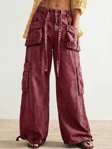 Bohemela 女士休闲纯色梭织宽松抽绳腰低腰阔腿裤 - 酒紅色 - 查看 5