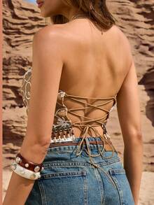 INAWLY Solva Women's Western Floral Textured Fringe Hem Bandeau Top - Brown - View 8