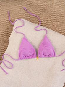 Swim Mod 随机金色贝壳印花露背三角罩杯性感泳衣上装，适合夏季度假 - 紫色 - 查看 4