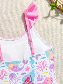 Sparklyn 少女卡通印花连体泳衣，带裙摆，适合游泳、度假、夏季海滩 - 彩色 - 查看 5