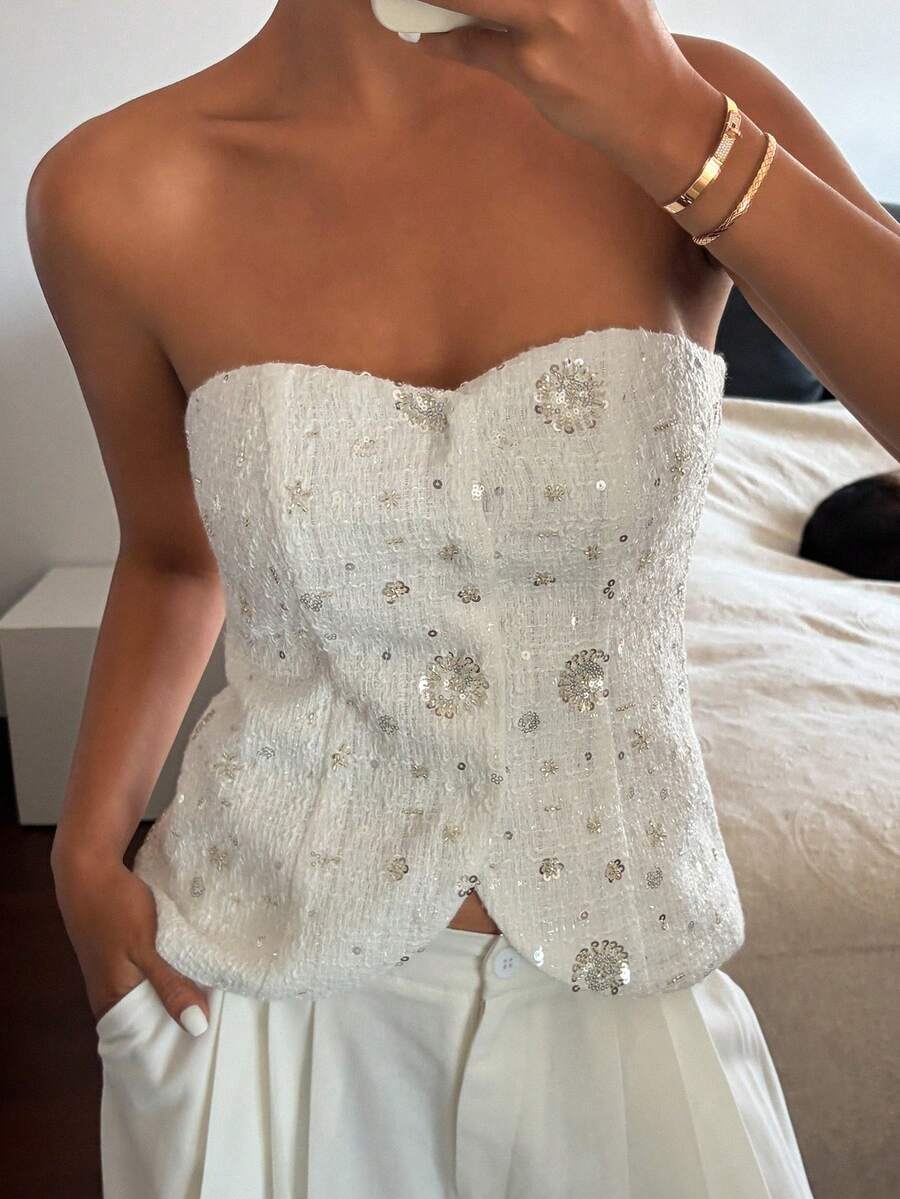 Livesso Holiday Easter Party Summer Vacation Sequin Decorated Cropped Camisole For Women - Silver - View 1