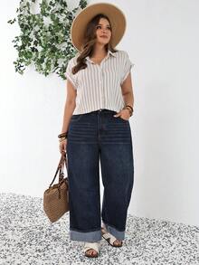 SHEIN Tall CURVE 春夏大码女式度假通勤休闲时尚卷边宽松口袋阔腿牛仔裤 - 深色水洗藍 - 查看 4
